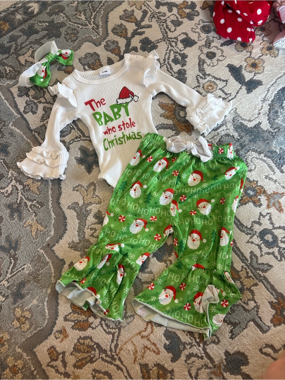 Amazon Girls White Ruffle Top with Green Santa Print Pants Matching Set